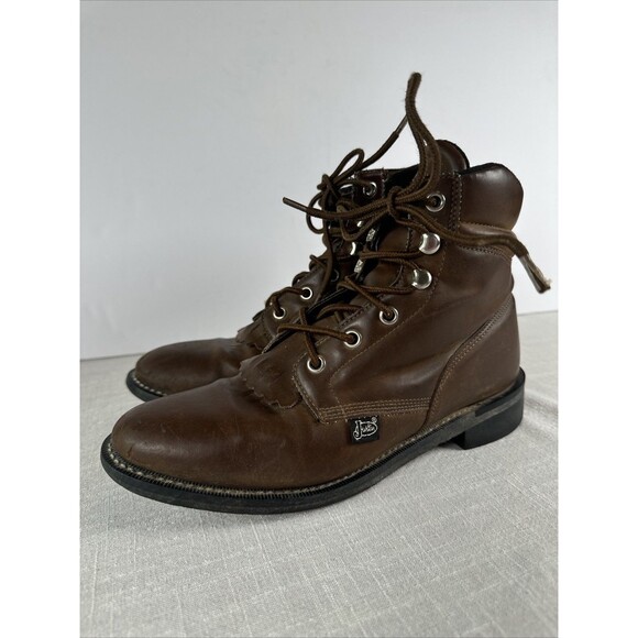 VTG Justin Basics Brown Kiltie Distressed Chore Work Boots Women’s Sz 7.5B - Picture 5 of 16